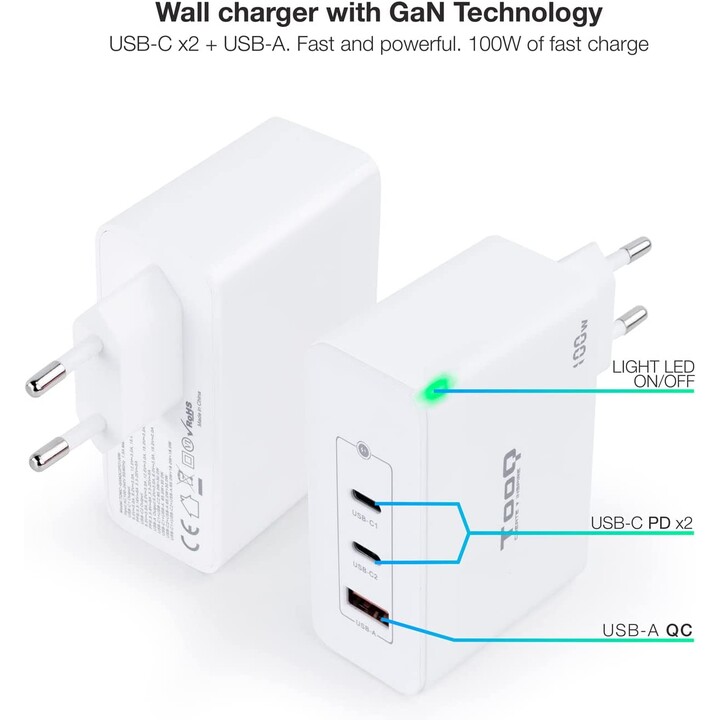 Caricabatterie da parete TooQ TQWC-GANQC2PD100W/ 2xUSB tipo C/ 1xUSB/ 100W