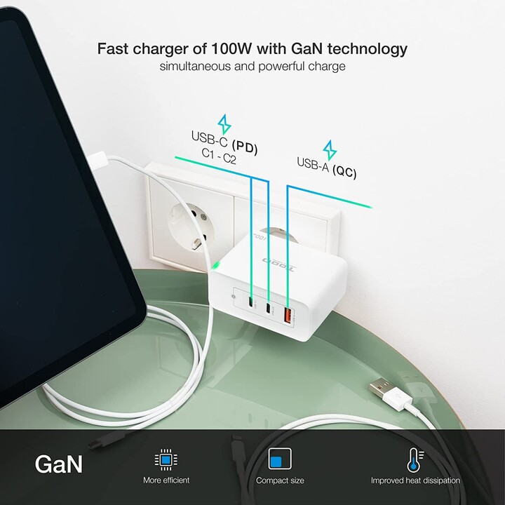 Caricabatterie da parete TooQ TQWC-GANQC2PD100W/ 2xUSB tipo C/ 1xUSB/ 100W