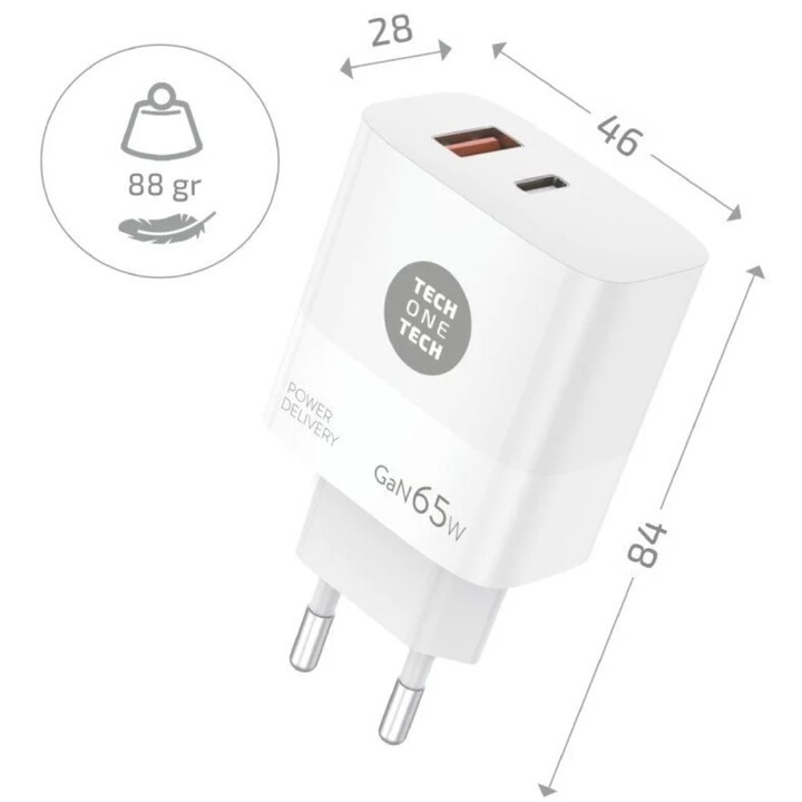 Chargeur mural Tech One Tech GaN PD TEC2273 / 1xUSB Type-C/ 1x USB/ 65W