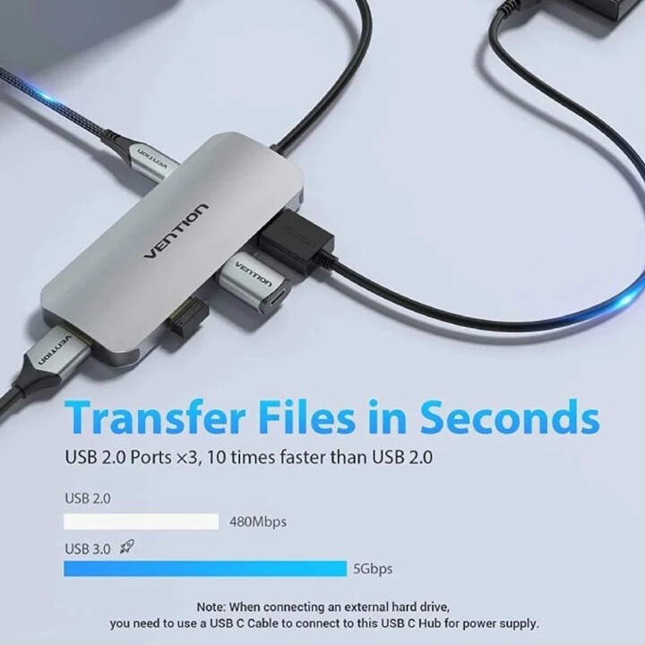 Docking USB Type-C Vention TOJHB/ 1xHDMI/ 3xUSB/ 1xUSB Type-C/ 1xCard Reader/ Cinza