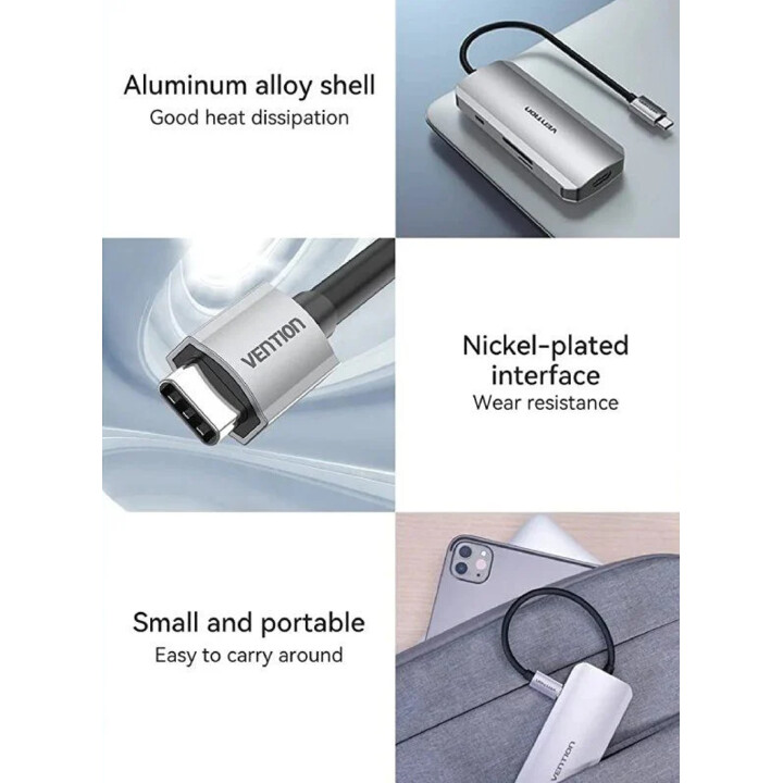 Docking USB Type-C Vention TOJHB/ 1xHDMI/ 3xUSB/ 1xUSB Type-C/ 1xCard Reader/ Cinza