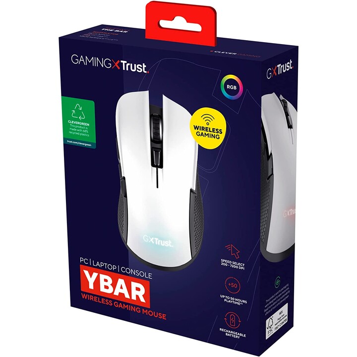 Ratón Gaming Inalámbrico Trust Gaming GXT 923W YBAR/ Batería recargable/ Hasta 7200 DPI/ Blanco