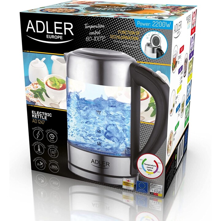 Adler AD 1247 NEW Wasserkocher 1,7 l 2200 W Haselnuss, Edelstahl, Transparent