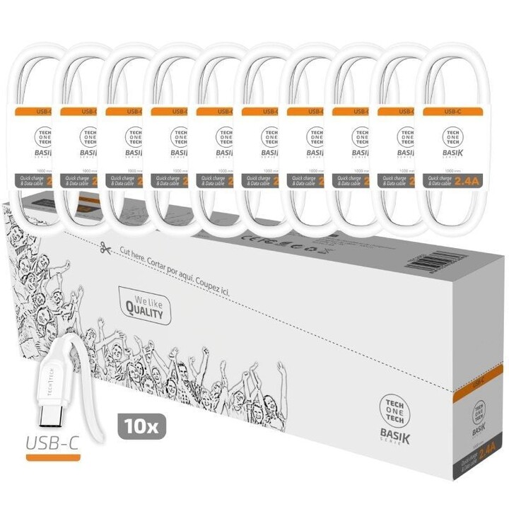 Packung mit 10 USB 2.0-Kabeln Tech One Tech Basik TEC2953/ USB-Stecker – USB-Typ-C-Stecker/ 1 m/ Weiß