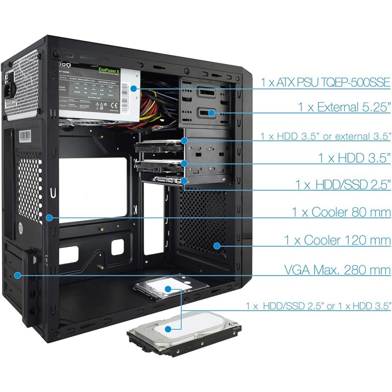TooQ TQC-4735U3C-B Mini Tower Box with 500W Power Supply