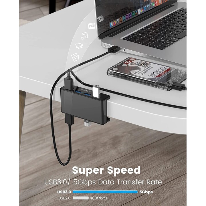 Orico HUB 4X USB-A 3.0,5 GBPS, CLIP-TYPE, ALU, BLK