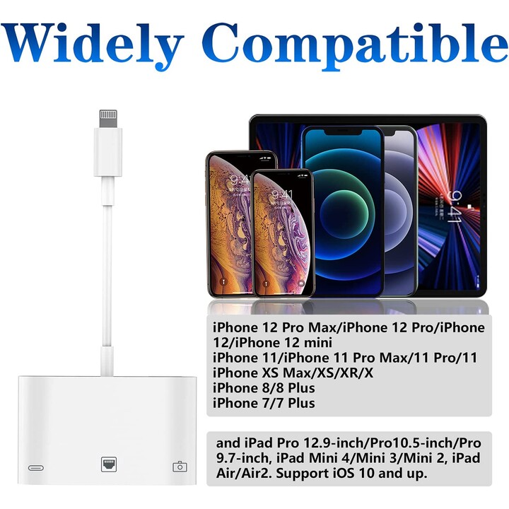 ADAPTATEUR MICROCONNECT LIGHTNING MALE / RJ45 FEMELLE + LIGHTNING FEMELLE + USB BLANC