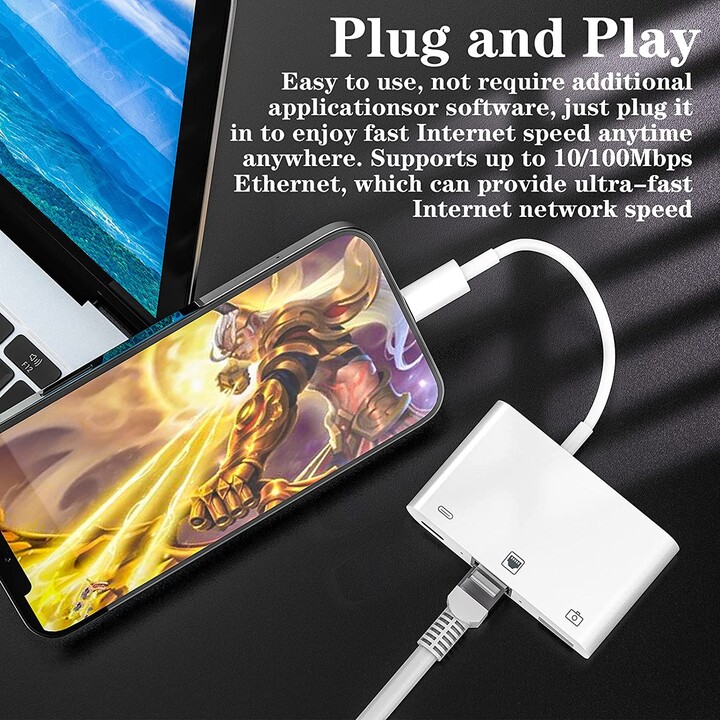 MICROCONNECT LIGHTNING MALE / RJ45 FEMALE ADAPTER + LIGHTNING FEMALE + USB WHITE