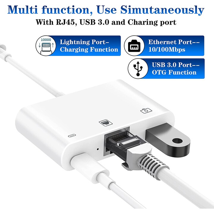 ADAPTATEUR MICROCONNECT LIGHTNING MALE / RJ45 FEMELLE + LIGHTNING FEMELLE + USB BLANC