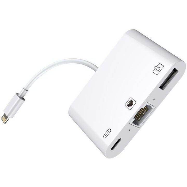 ADAPTADOR MICROCONNECT LIGHTNING MACHO / RJ45 HEMBRA + LIGHTNING HEMBRA + USB WHITE