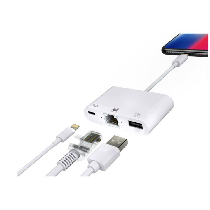 ADAPTATEUR MICROCONNECT LIGHTNING MALE / RJ45 FEMELLE + LIGHTNING FEMELLE + USB BLANC
