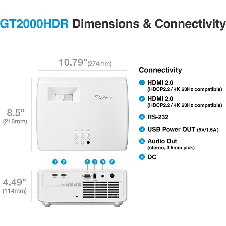 Optoma GT2000HDR Videoproyector Proyector De Corto Alcance Blanco