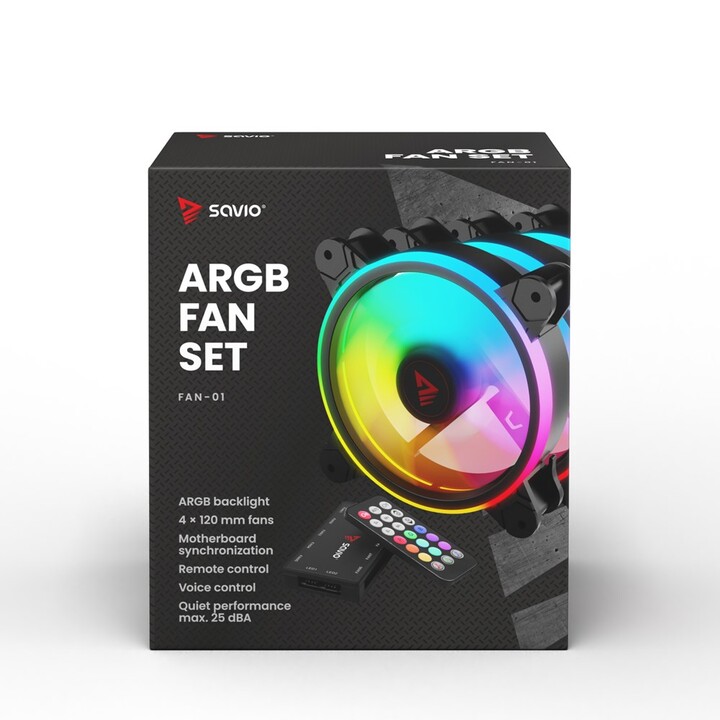 SAVIO FAN-01 Ventilador ARGB de 120 mm em um pacote de 4 unidades com controlador e controle remoto