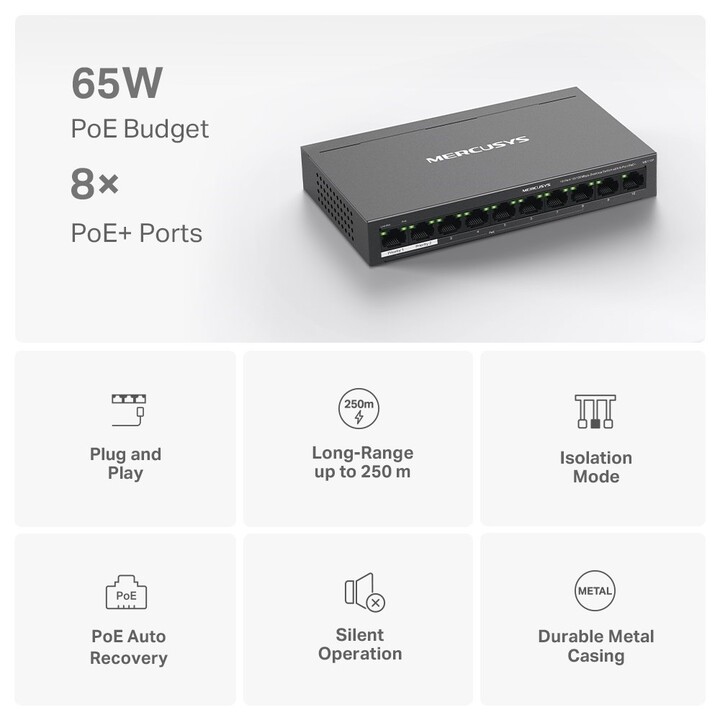 SWITCH MERCUSYS 10 PORTS 10-100 8POE