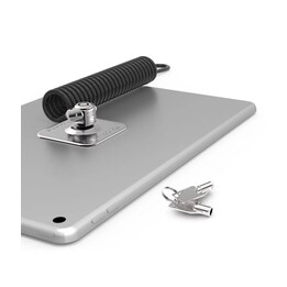 Placa e cabo de segurança em espiral com chave para fixação de tablets e smartphones