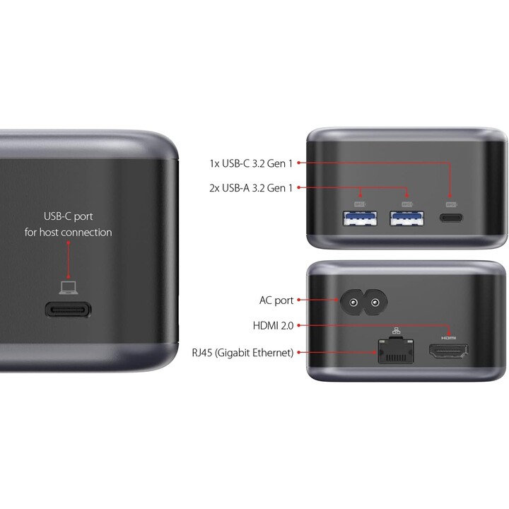 PowerDock - Adattatore di alimentazione GaN USB-C e dock USB-C a 5 porte - nero
