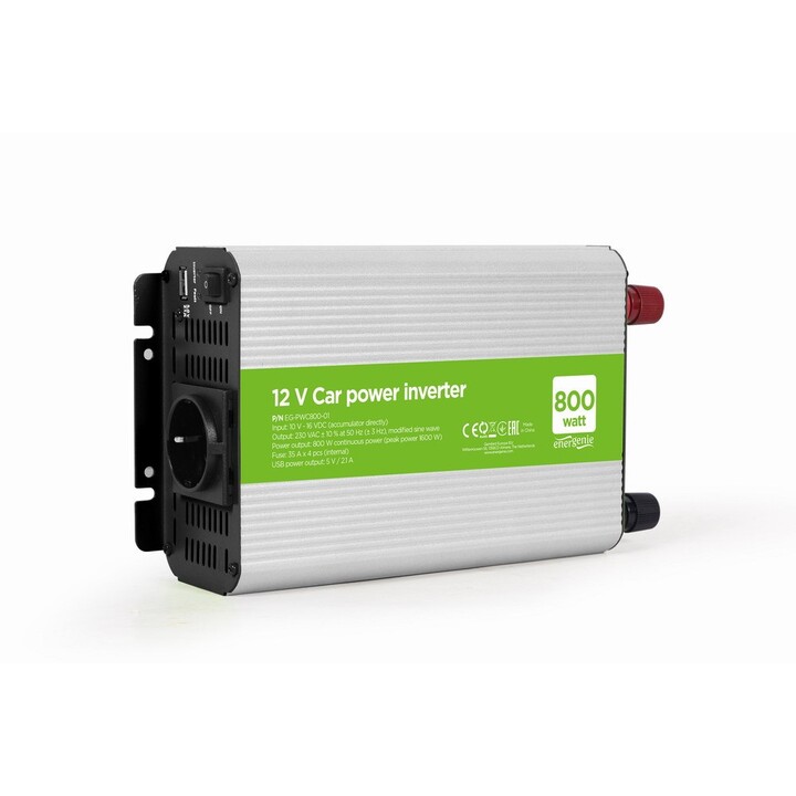 EnerGenie EG-PWC800-01 adaptador e inversor de corriente Auto 800W Aluminio, Negro