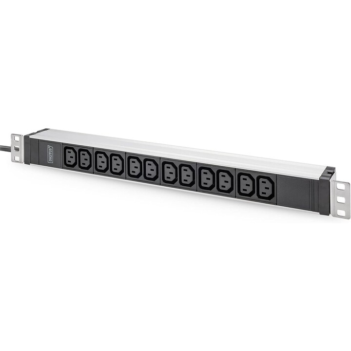 Digitus Power Strip, 12 C13 Steckdosen, 1U, 250VAC, 50/60Hz, 10A, mit Leitungsschutzschalter Schwarz, Silber