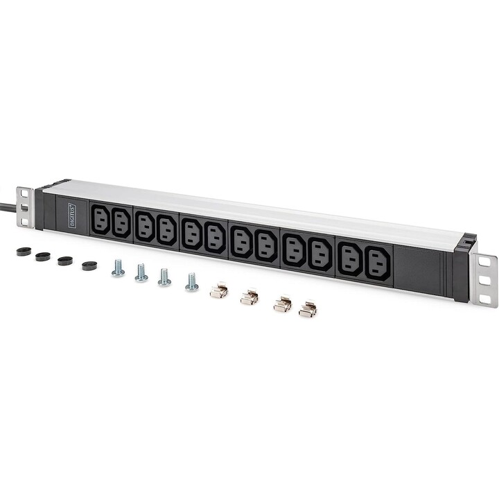 Régua de distribuição Digitus, 12 tomadas C13, 1U, 250VAC, 50/60Hz, 10A, com interrutor de proteção de linha Preto, Prata