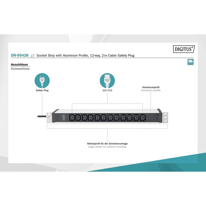 Digitus Power Strip, 12 C13 outlets, 1U, 250VAC, 50/60Hz, 10A, with line protection switch Black, Silver