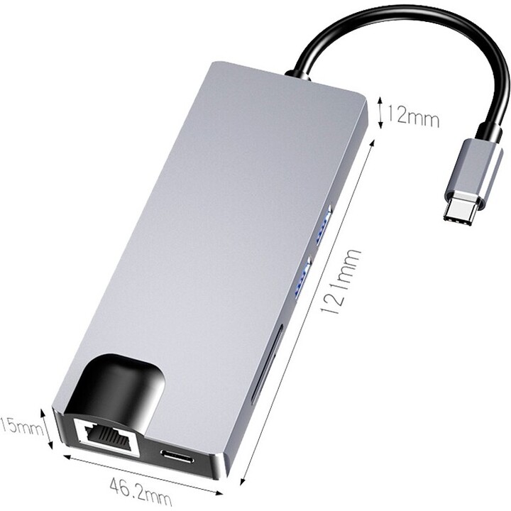 Hub USB-C 8 em 1 com HDMI + VGA + 2x USB 3.0 + USB-C PD + SD/TF + RJ45 1000 Mbps