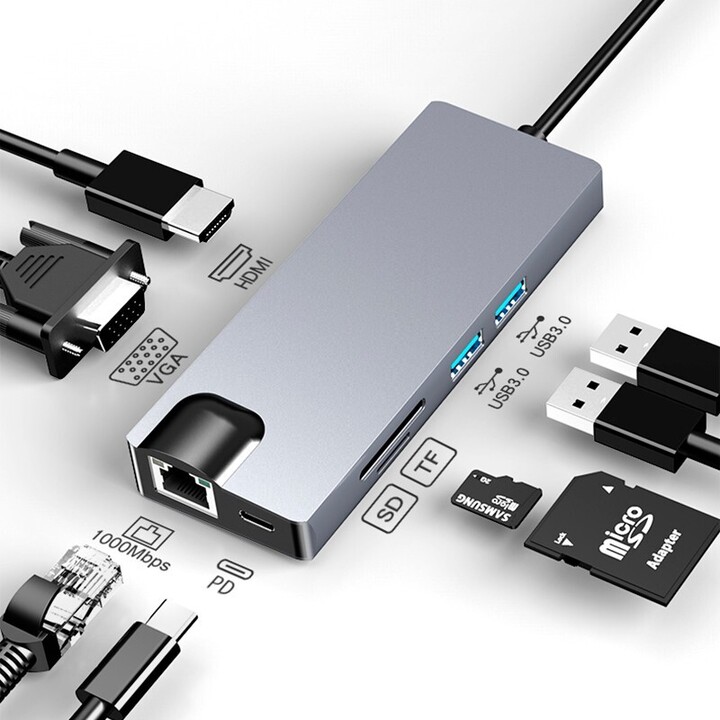 Hub USB-C 8-in-1 mit HDMI + VGA + 2x USB 3.0 + USB-C PD + SD/TF + RJ45 1000 Mbit/s