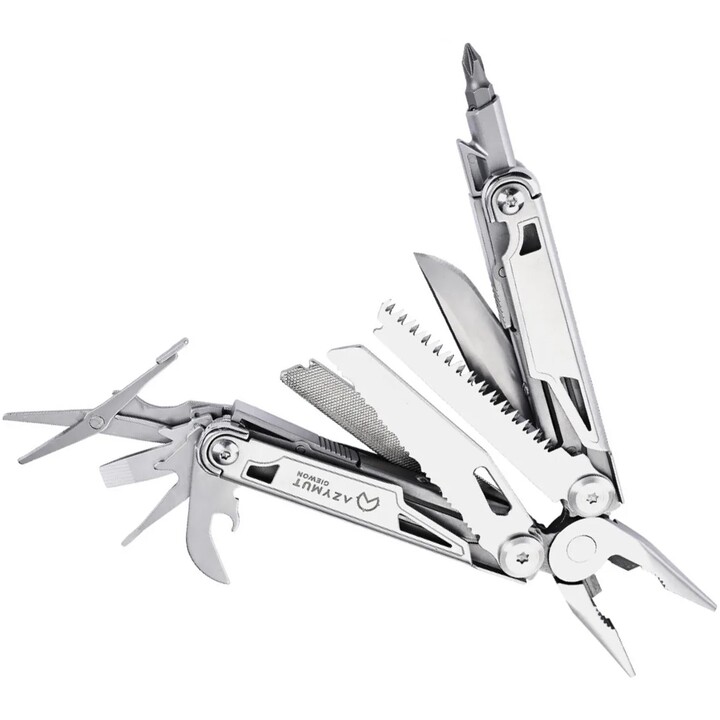 AZYMUT Giewon Multi-Tool 14-in-1, Silver Stainless Steel with Black Nylon Pouch