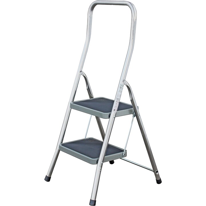 Escalera de Tijera Plegable Krause Toppy XL con 2 Peldaños Anchos de Acero, Acabado Profesional Plata