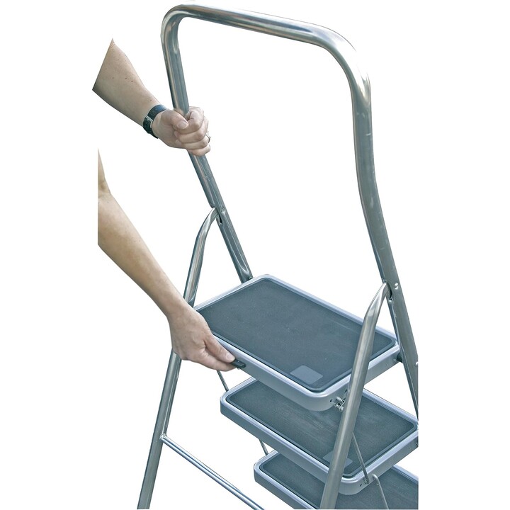 Escalera de Tijera Plegable Krause Toppy XL con 2 Peldaños Anchos de Acero, Acabado Profesional Plata