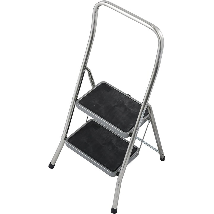 Escalera de Tijera Plegable Krause Toppy XL con 2 Peldaños Anchos de Acero, Acabado Profesional Plata