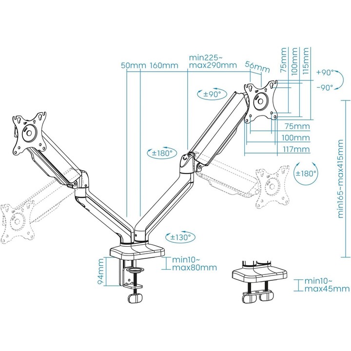 Suporte TooQ para 2 Monitores DB5132TNR-B até 9kg