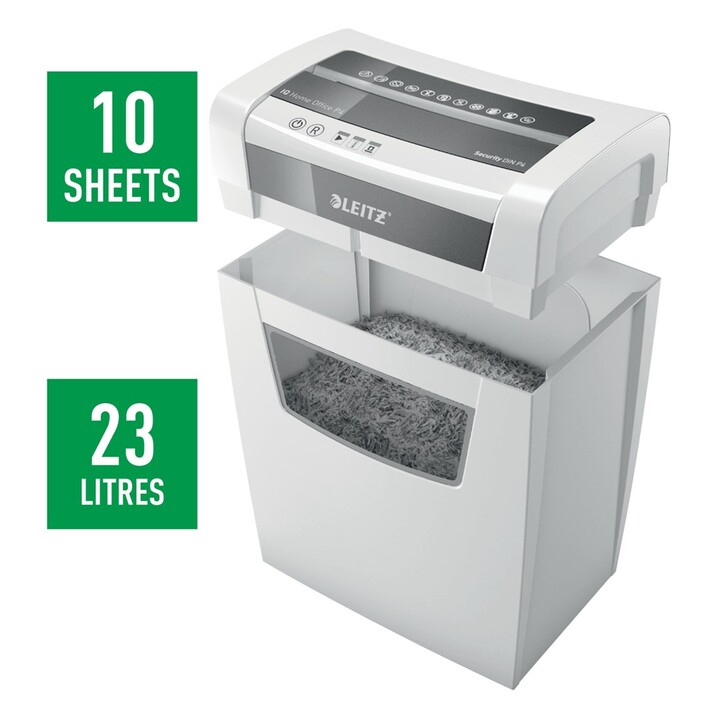 Destructeur de papier Leitz IQ Home Office P-4, coupe particules, 22 cm, blanc