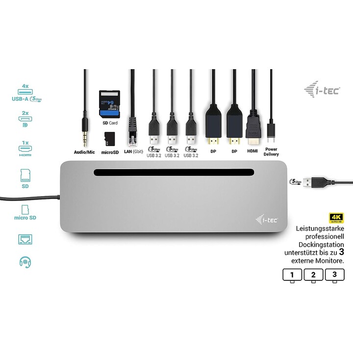 i-tec C31FLAT2PDPRO100W base de conexión USB-C ergonómica 3x 4K plata
