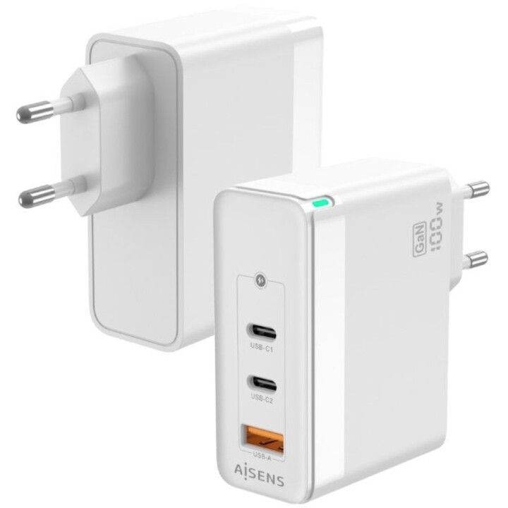 Cargador Gan de Pared Aisens ASCH-100W3P008-W/ 2xUSB Tipo-C/ 1x USB/ 100W