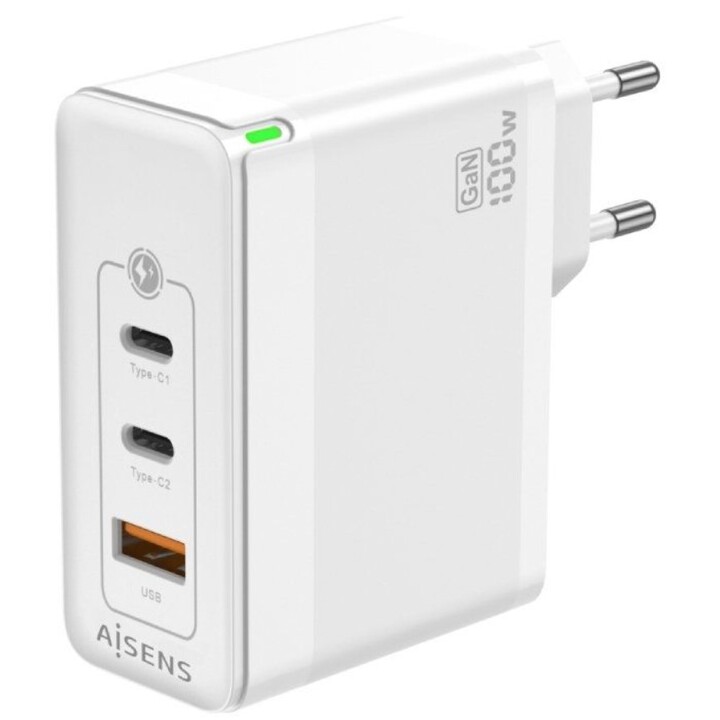 Cargador Gan de Pared Aisens ASCH-100W3P008-W/ 2xUSB Tipo-C/ 1x USB/ 100W