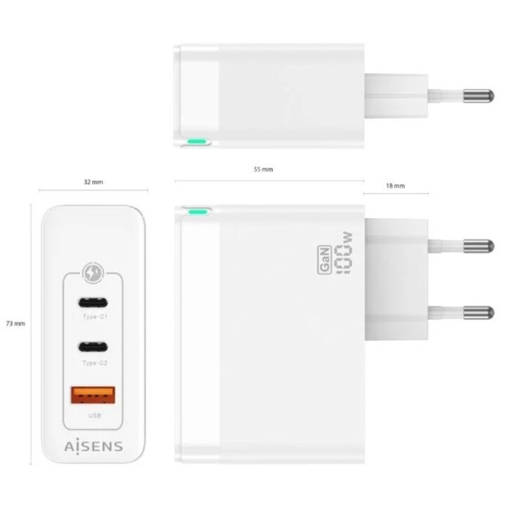 Cargador Gan de Pared Aisens ASCH-100W3P008-W/ 2xUSB Tipo-C/ 1x USB/ 100W