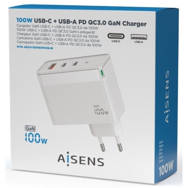 Cargador Gan de Pared Aisens ASCH-100W3P008-W/ 2xUSB Tipo-C/ 1x USB/ 100W