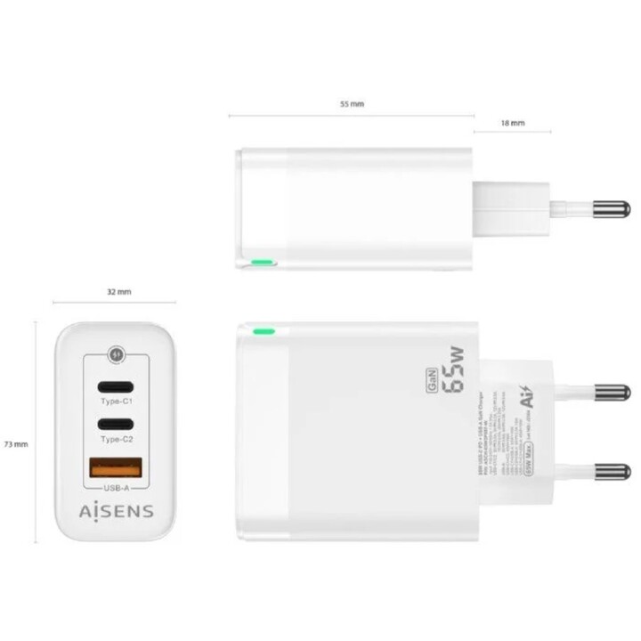 Cargador Gan de Pared Aisens ASCH-65W3P007-W/ 2xUSB Tipo-C/ 1x USB/ 65W