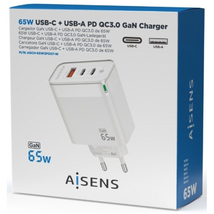 Cargador Gan de Pared Aisens ASCH-65W3P007-W/ 2xUSB Tipo-C/ 1x USB/ 65W