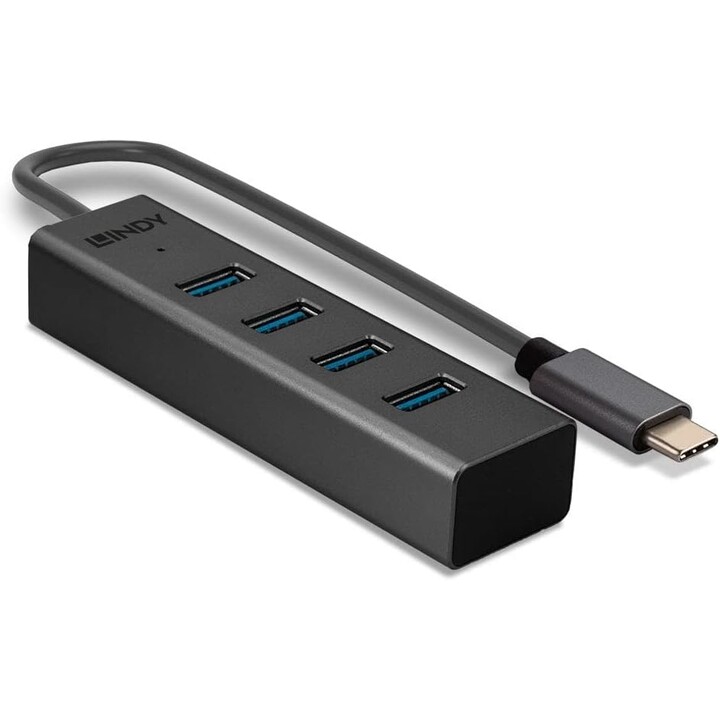 Lindy 43325 USB 3.0 Hub mit 4 Ports, 4x A, 30 cm USB-C Anschluss, Schwarz
