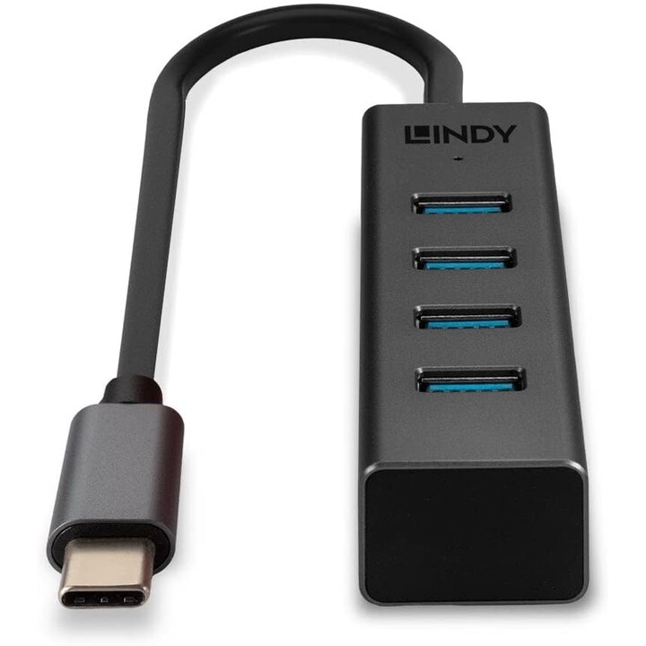 Lindy 43325 Hub USB 3.0 a 4 porte, 4x A, cavo USB-C 30 cm, nero
