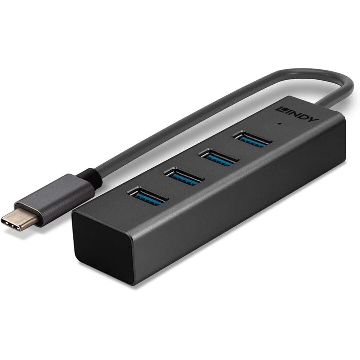 Lindy 43325 Hub USB 3.0 4 ports, 4x A, câble USB-C 30 cm, noir