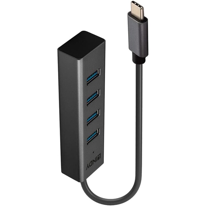 Lindy 43325 Hub USB 3.0 a 4 porte, 4x A, cavo USB-C 30 cm, nero