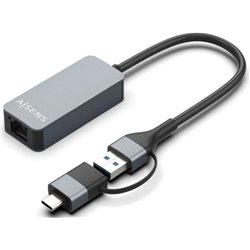 USB 3.2 Gen1 Adapter Aisens A109-0710/ USB Male - USB Type-C Male - RJ45 Female/ 2500Mbps/ 15cm/ Gray