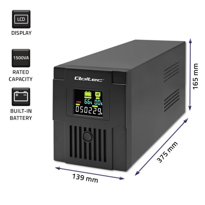 Qoltec 53770 Interactive Uninterruptible Power Line | Monolith | 1500VA | 900W | LCD | USB