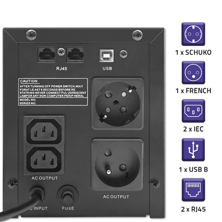 Qoltec 53770 Interactive Uninterruptible Power Line | Monolith | 1500VA | 900W | LCD | USB