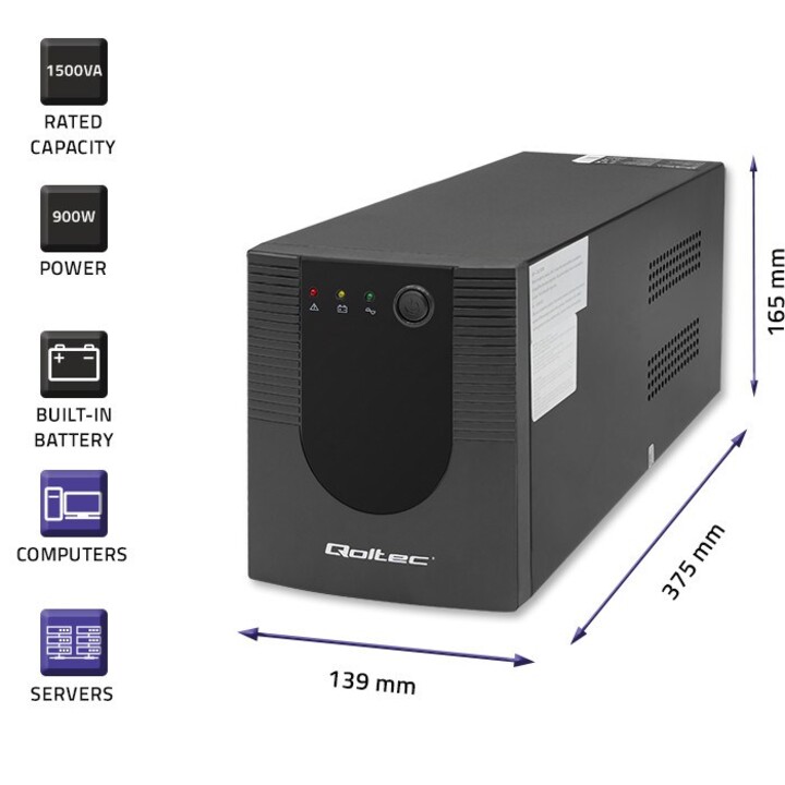 Linha de energia ininterrupta interativa Qoltec 53776 | Monólito | 1500VA | 900 W
