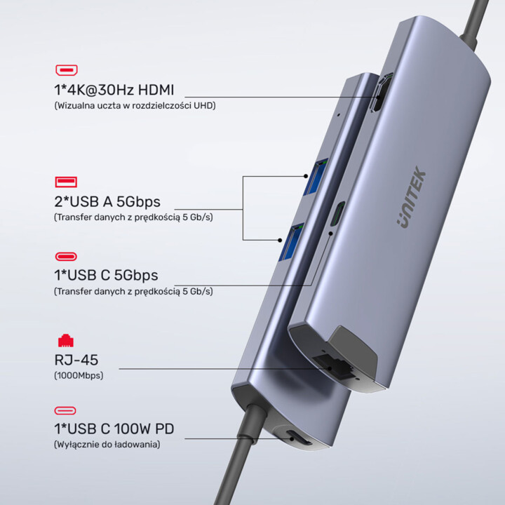 Unitek Active Hub Usb-C 5Gbps, Hdmi Rj-45 Pd 100W