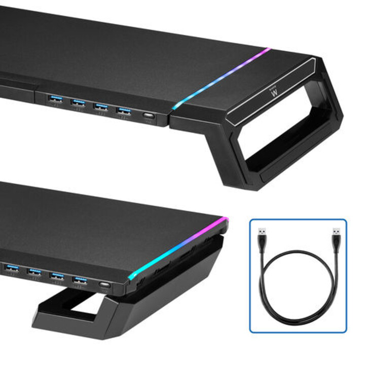 ELEVADOR DE MONITOR RGB DOBRÁVEL EWENT COM GAVETA DE HUB USB E SUPORTE MÓVEL