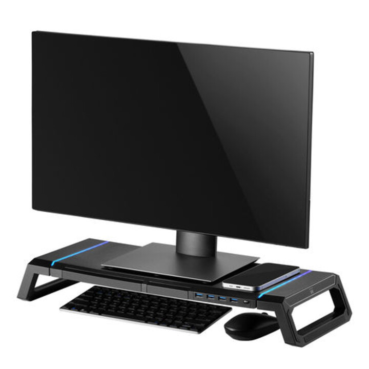 ELEVADOR DE MONITOR RGB DOBRÁVEL EWENT COM GAVETA DE HUB USB E SUPORTE MÓVEL